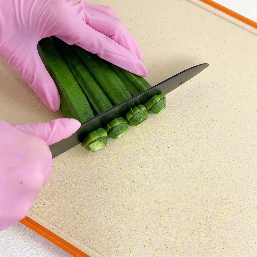 Gloved hands using a black knife to slice the stems off of several blanched green okra pods on a white cutting board.