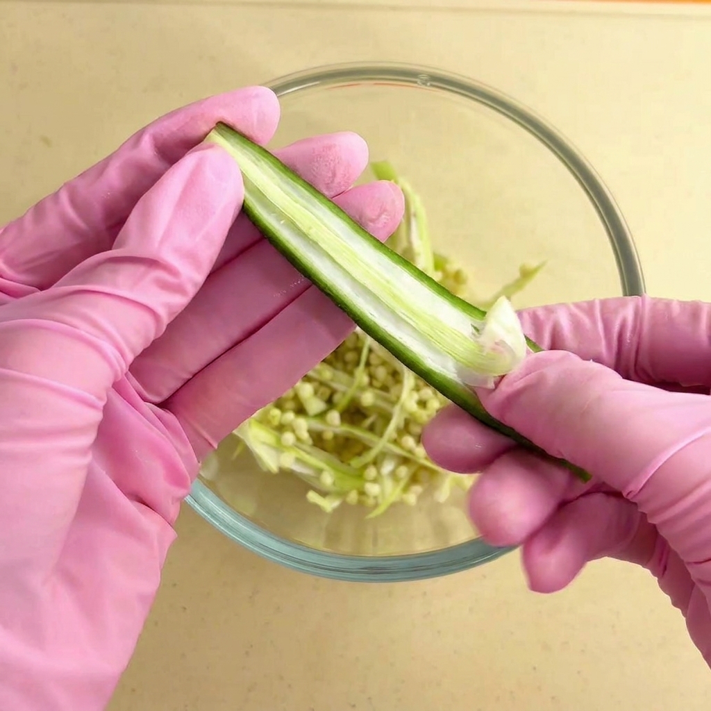 Gloved hands carefully peeling and scooping out the inner white pith and seeds from a halved green okra pod over a clear glass bowl.
