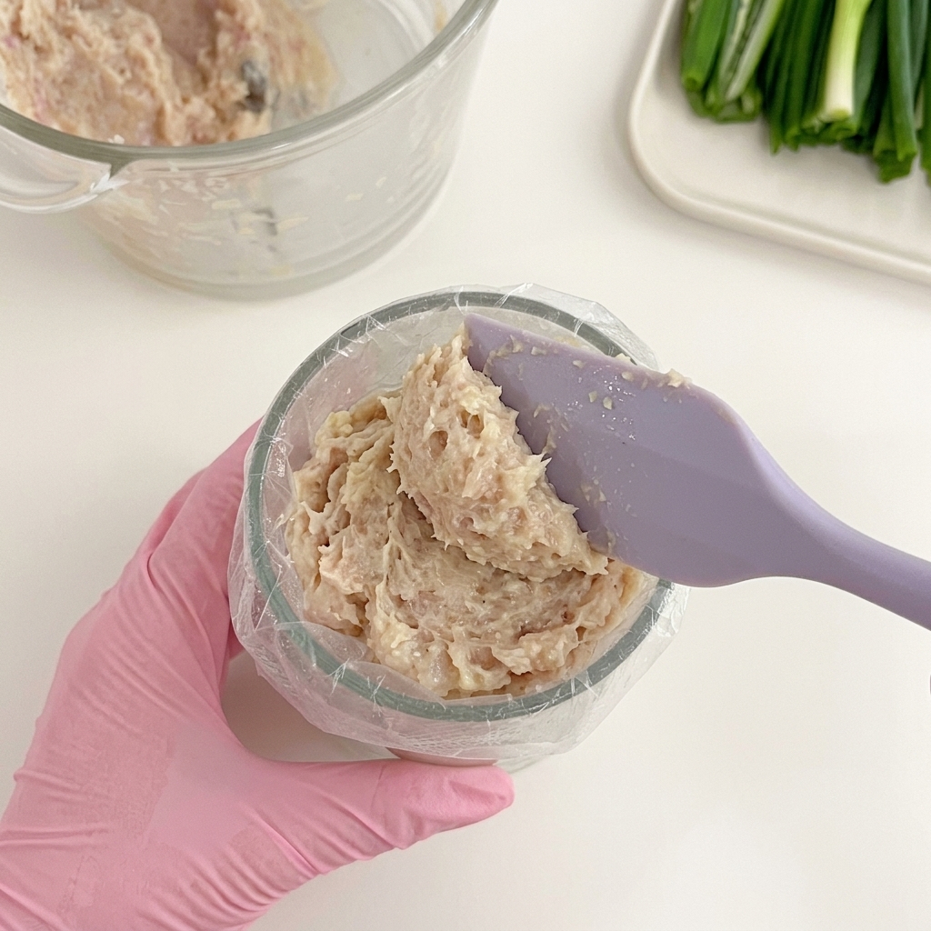 A hand wearing a pink glove using a purple silicone spatula to scoop blended raw chicken paste into a clear piping bag.
