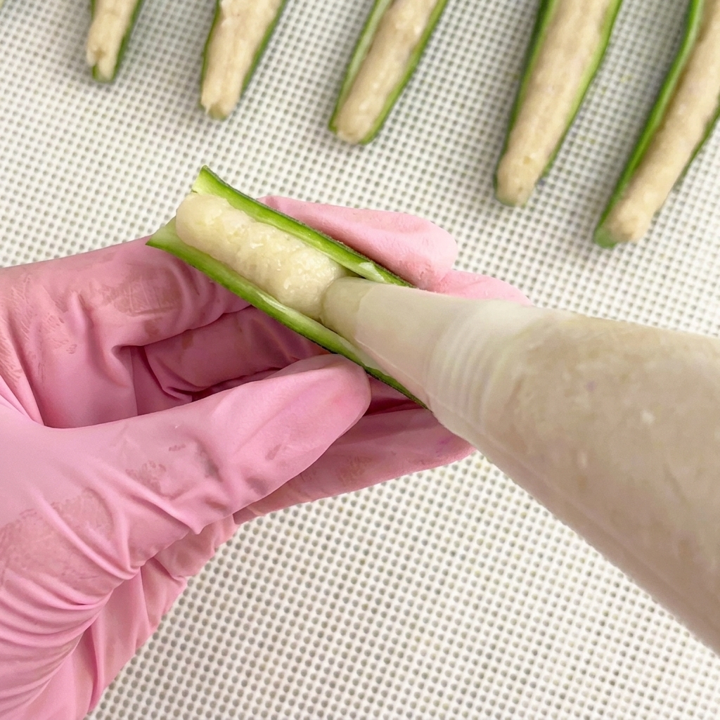 Gloved hands squeezing a piping bag to fill a hollowed green okra half with smooth, raw chicken paste.