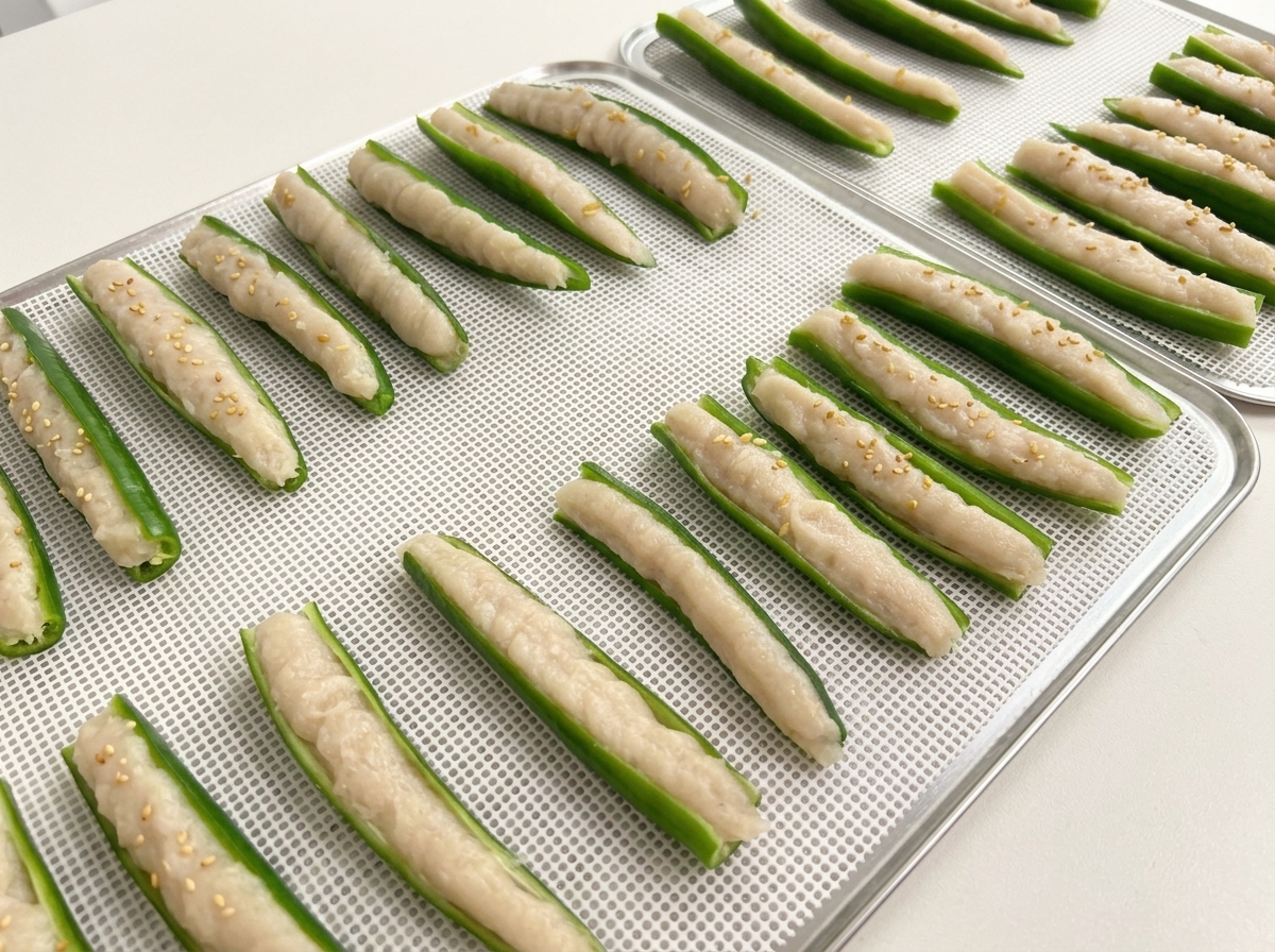 Multiple green okra halves stuffed with chicken paste, arranged neatly on mesh dehydrator trays and sprinkled with white sesame seeds.