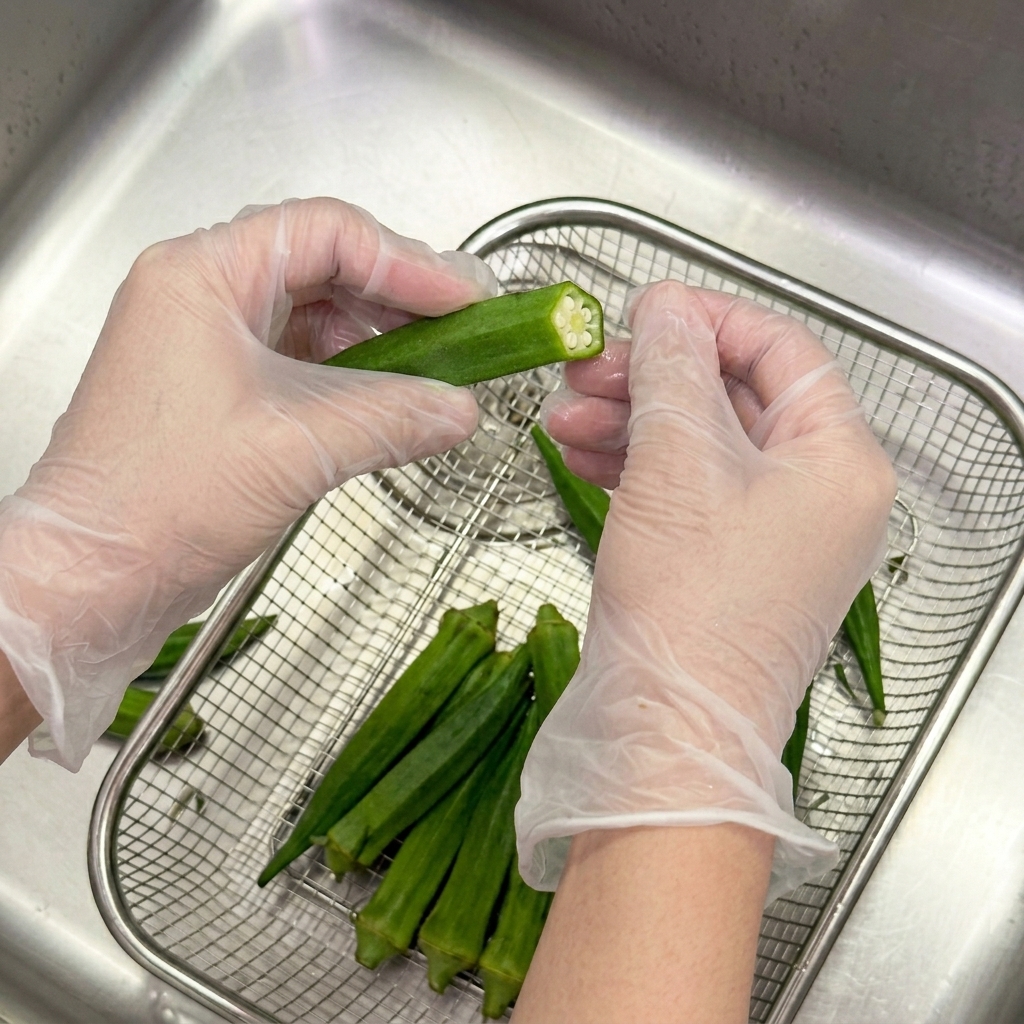 Gloved hands holding and rubbing a piece of green okra over a metal sink basket filled with more okra pods.