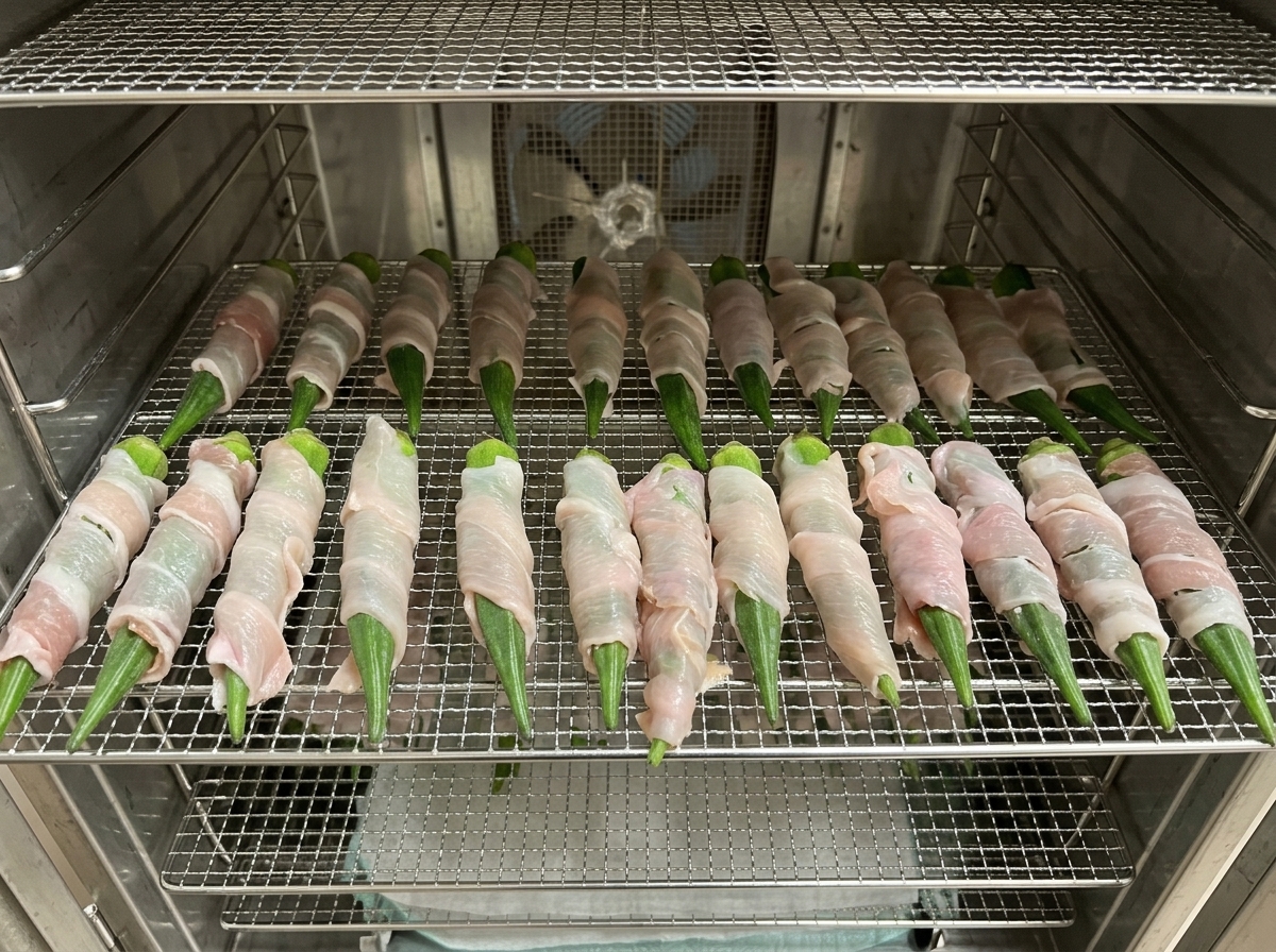 Rows of green okra pods tightly wrapped in raw chicken breast strips resting on a metal wire rack inside a dehydrator.