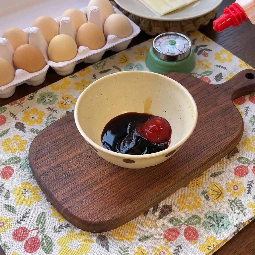 A small bowl containing soy sauce, oyster sauce, ketchup, and a small mound of white starch powder resting on a wooden board.