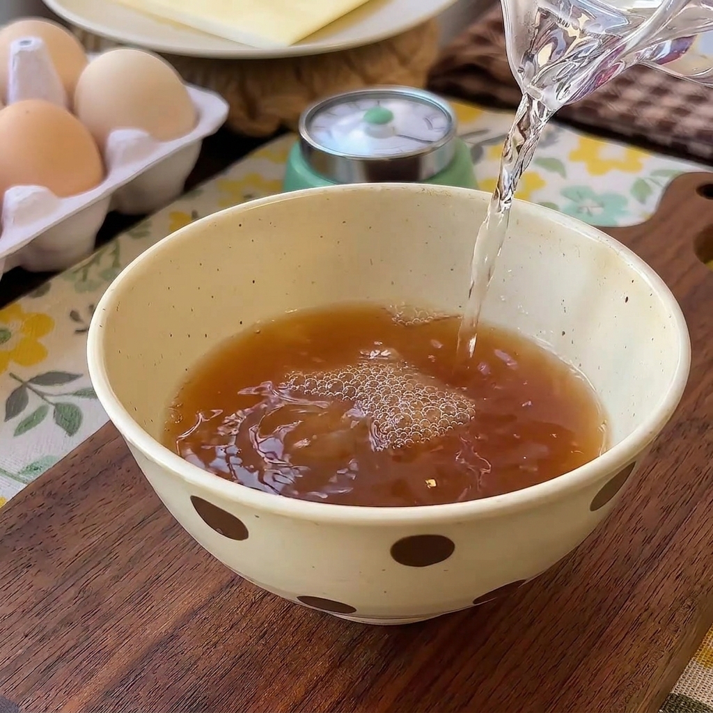 Clear water being poured from a glass carafe into a bowl containing a dark reddish sauce mixture, creating bubbles on the surface.
