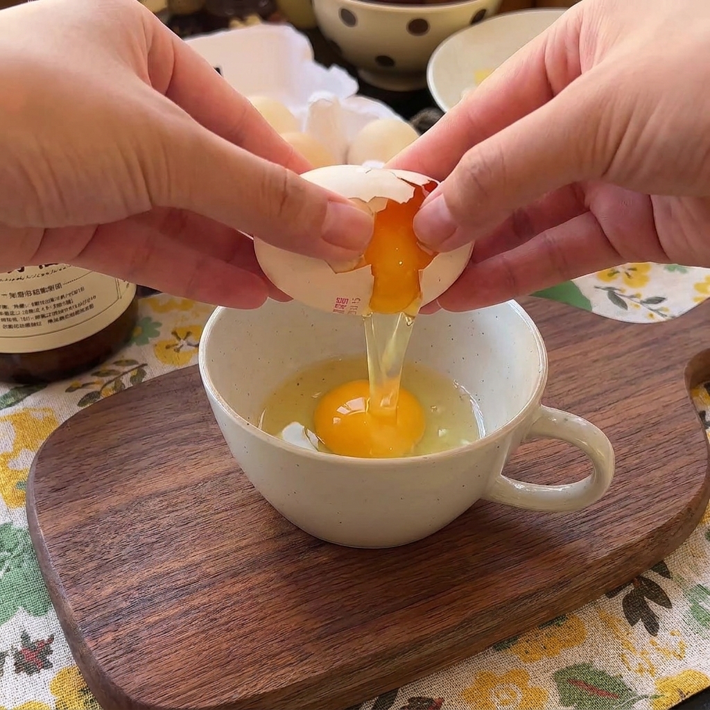 Hands holding an egg shell and cracking a fresh egg yolk into a speckled ceramic mug that already contains another cracked egg.