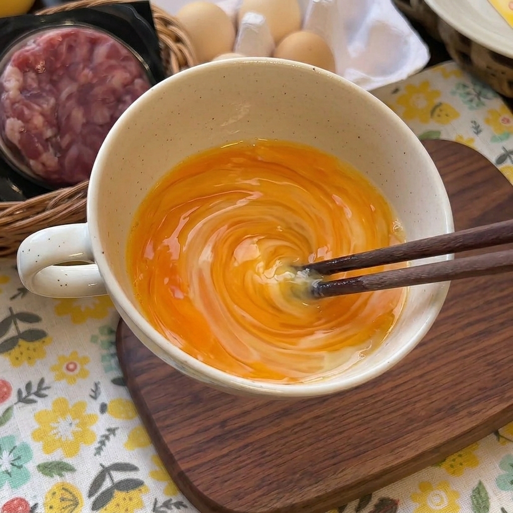 Chopsticks stirring a yellow egg and milk mixture in a white ceramic mug, creating a whirlpool effect.