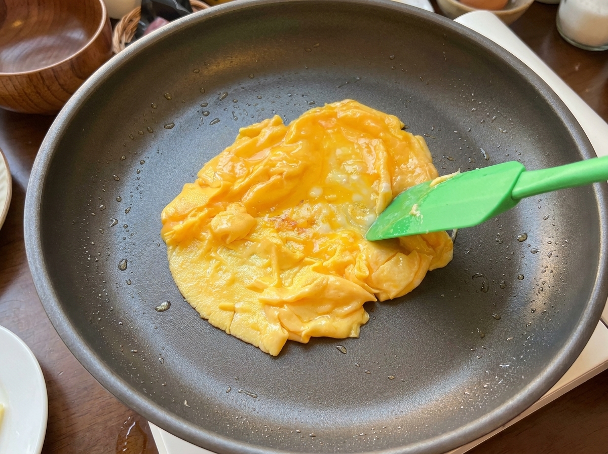 A green spatula pushing soft, bright yellow scrambled egg curds inward in a black frying pan.