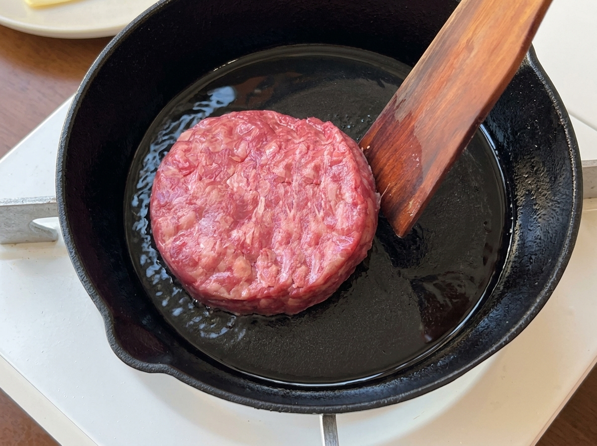 A wooden spatula placing a raw, pink minced beef patty into a hot, oiled black cast iron skillet.