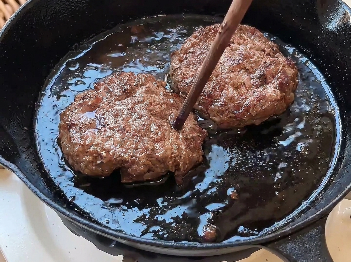 A wooden chopstick poking into the center of a browned, cooked beef patty simmering in a cast iron skillet.
