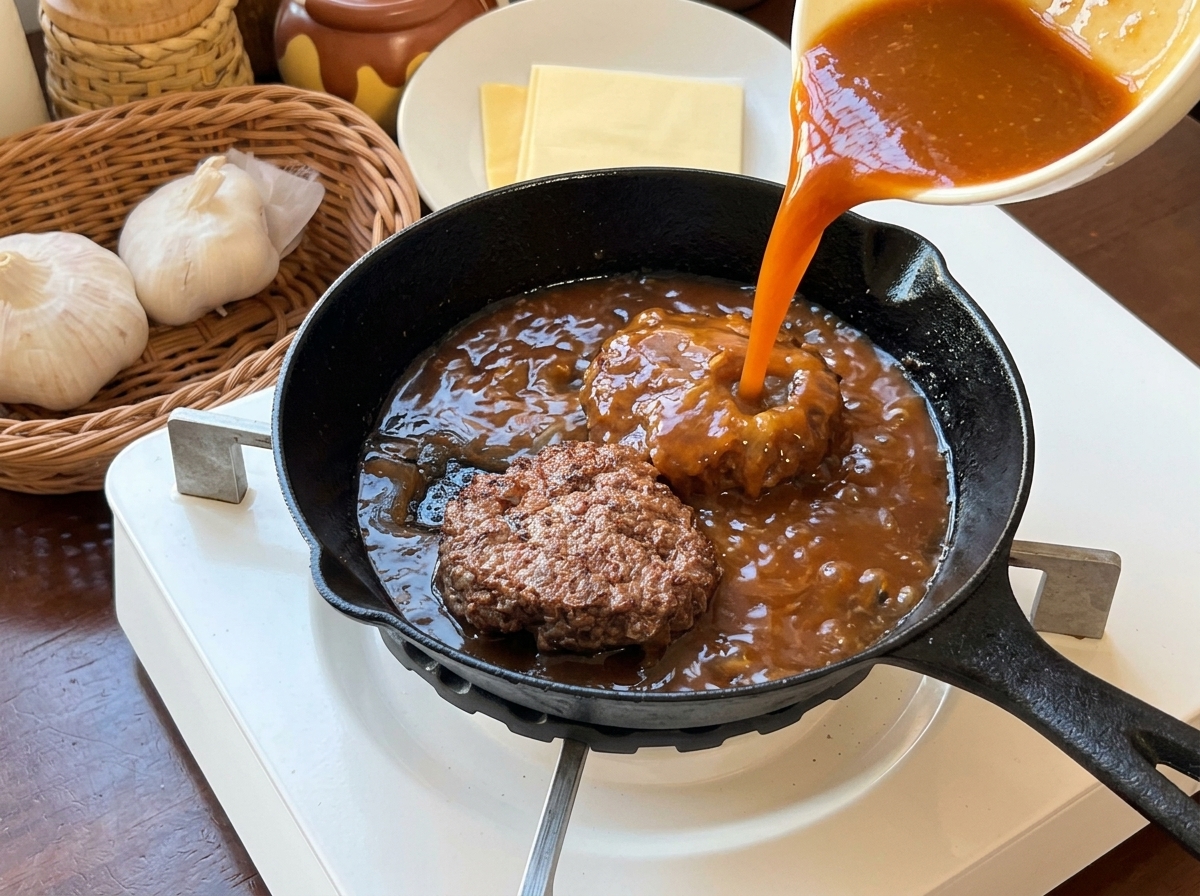 Pouring a rich brown liquid sauce from a white bowl over two cooked beef patties in a cast iron skillet.