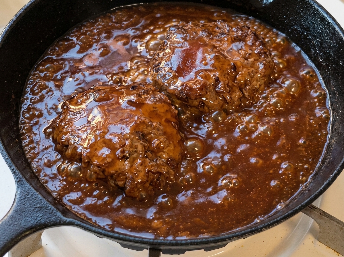 Two cooked beef patties simmering in a dark, bubbling, and thickening brown sauce inside a cast iron skillet.