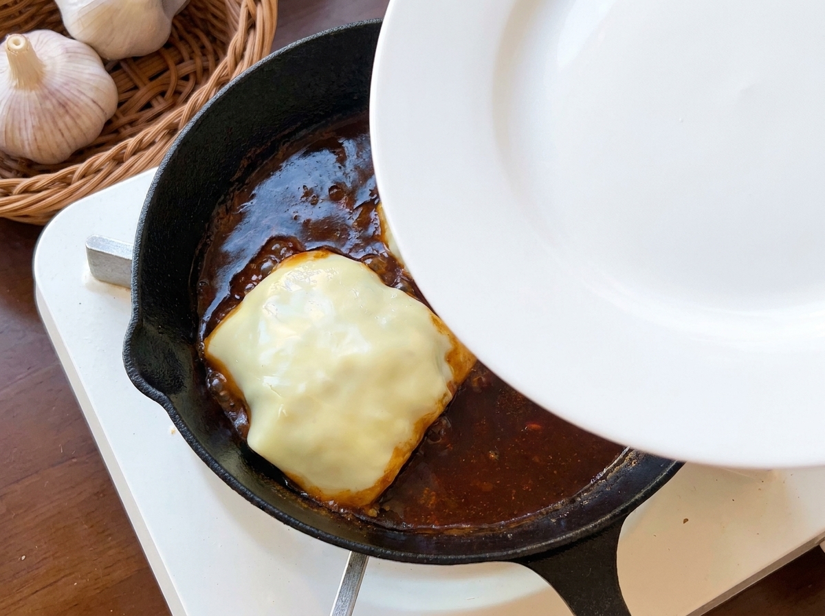 A white plate being placed as a makeshift lid over a black cast iron skillet containing a cheese-topped burger patty in a dark brown sauce.
