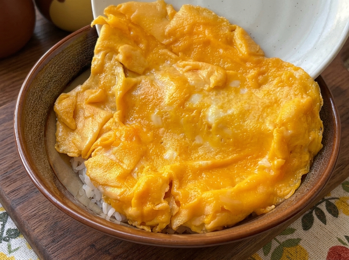 A perfectly cooked, bright yellow soft scrambled egg draped over a portion of white rice in a rustic ceramic bowl.