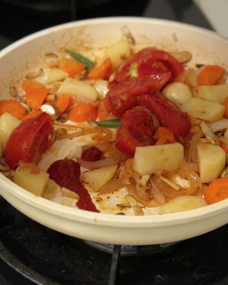 Quartered fresh tomatoes and red tomato paste added to a pan of sauteed potatoes, carrots, and onions.