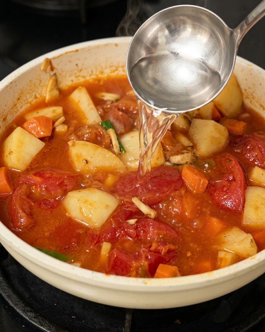 A metal ladle pouring clear hot water into a skillet filled with a bubbling red tomato and vegetable curry base.