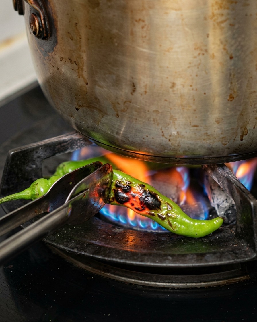 A whole green pepper being held with tongs and roasted directly over the blue flame of a gas stove burner.