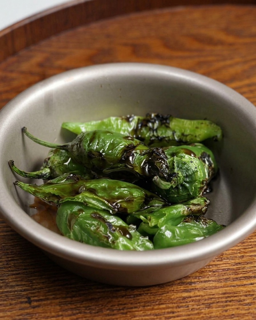 Whole charred green peppers glistening in a small metal bowl filled with a dark vinegar and sugar marinade.