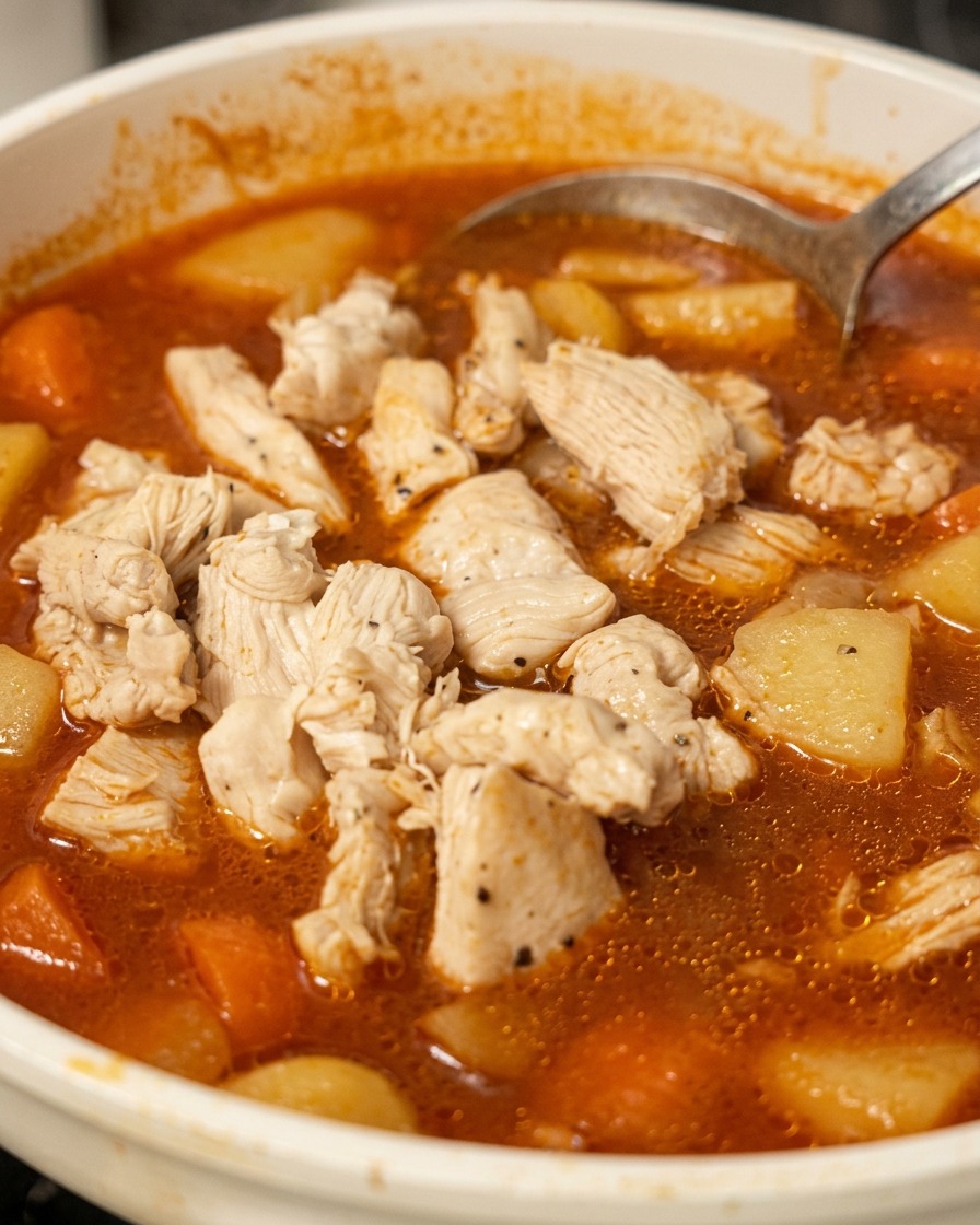 Cooked chicken pieces being gently stirred into a simmering pot of red curry with tender potatoes and carrots.