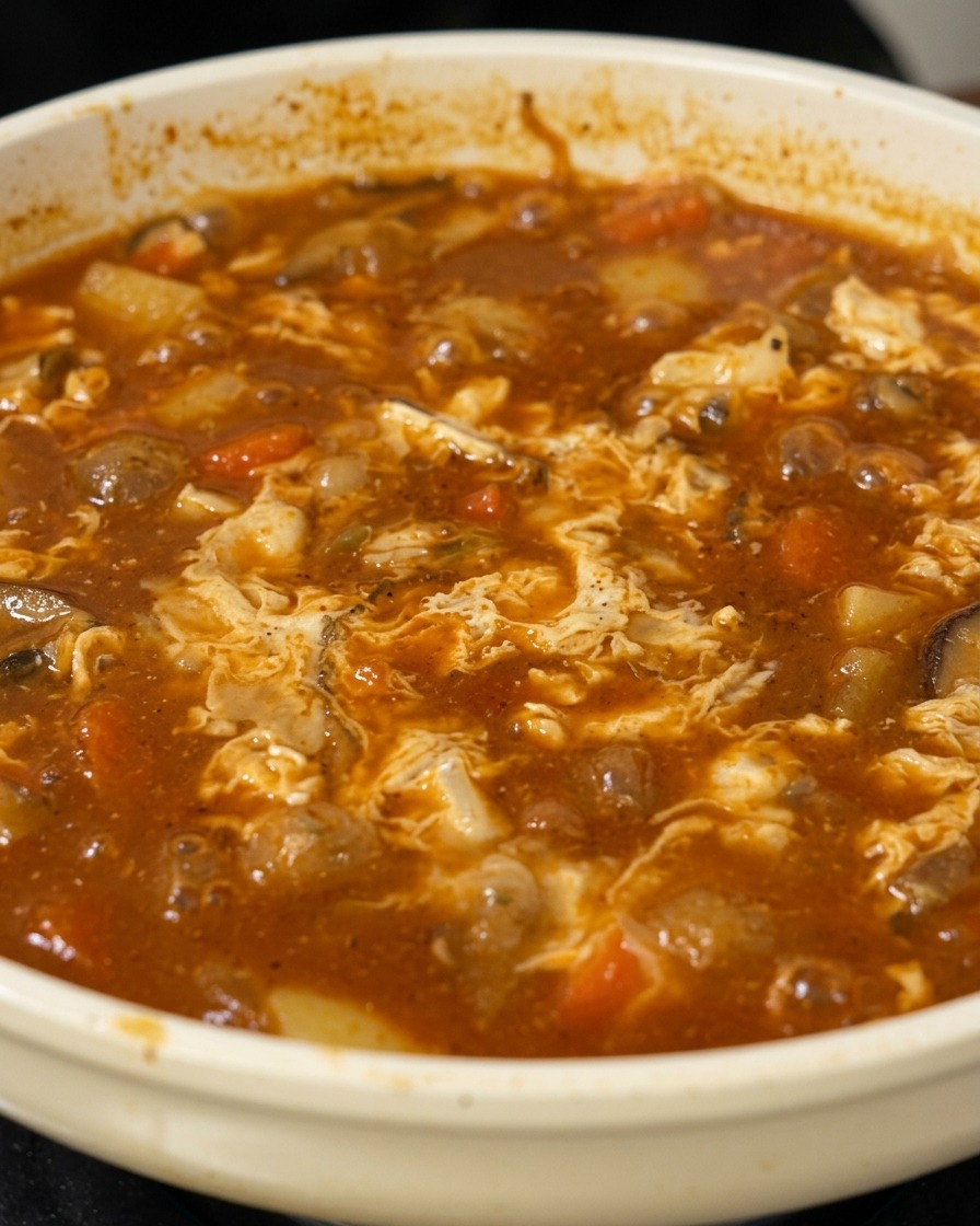 A close-up view of a simmering, reddish-brown curry mixture with white streaks of milk swirled throughout.