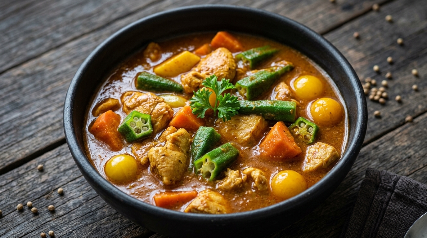 Silky Okra & Chicken Curry with Pasta and Charred Peppers