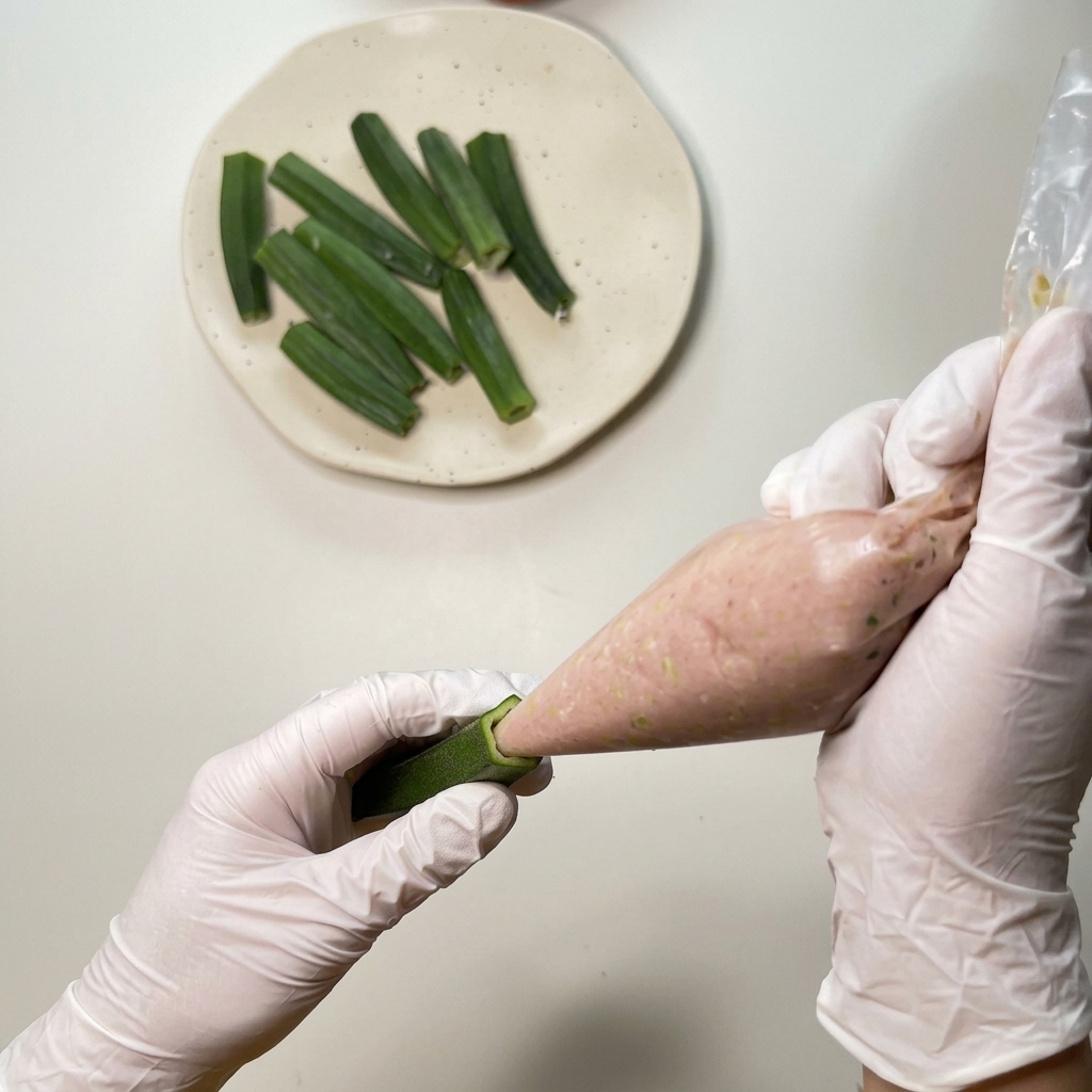 Gloved hands using a plastic piping bag to pipe pink minced chicken filling into a hollowed green okra pod.