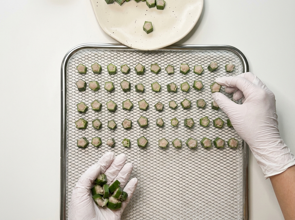 Gloved hands carefully arranging raw chicken-stuffed okra slices on a metal mesh dehydrator tray.