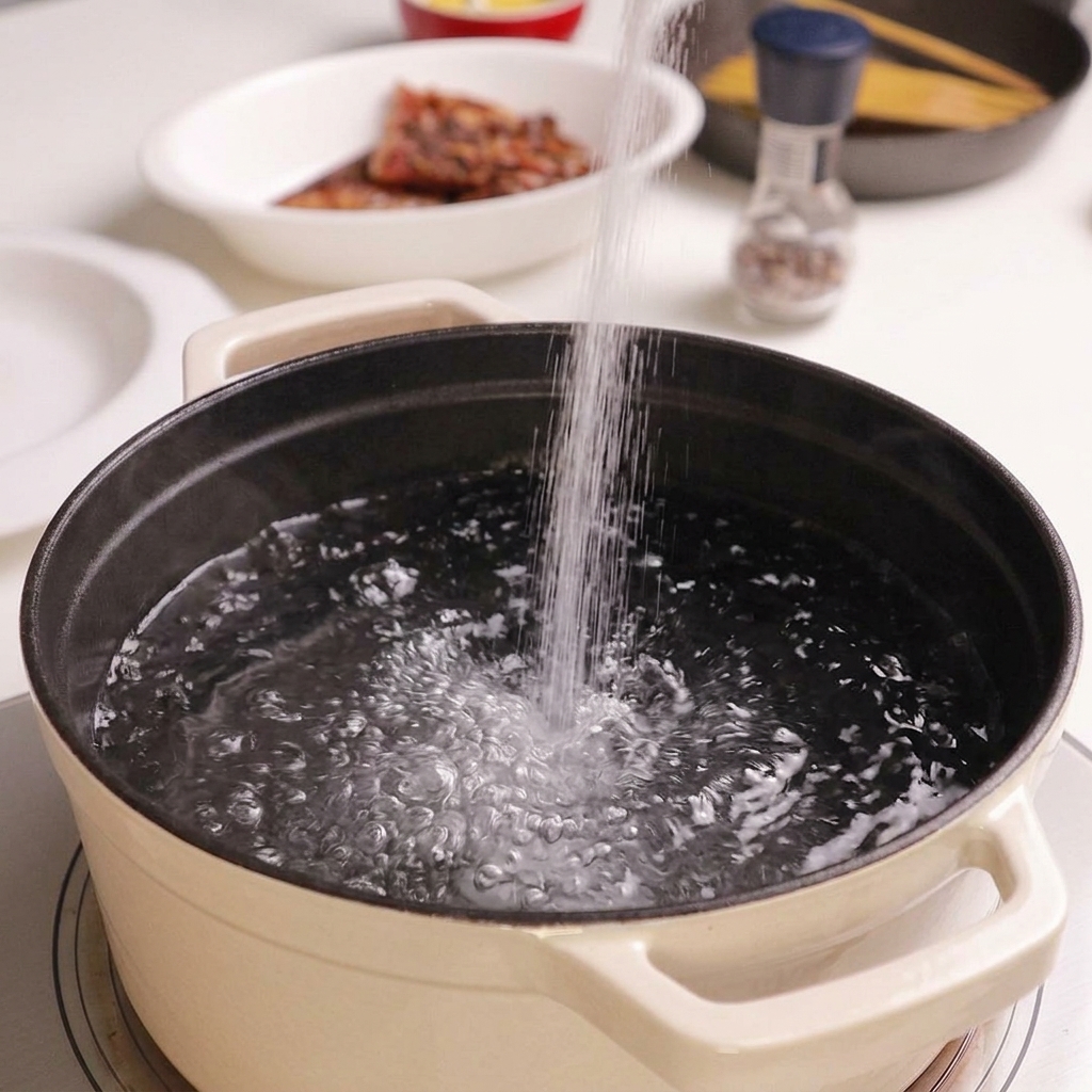 Salt being poured into a white pot filled with vigorously boiling water.