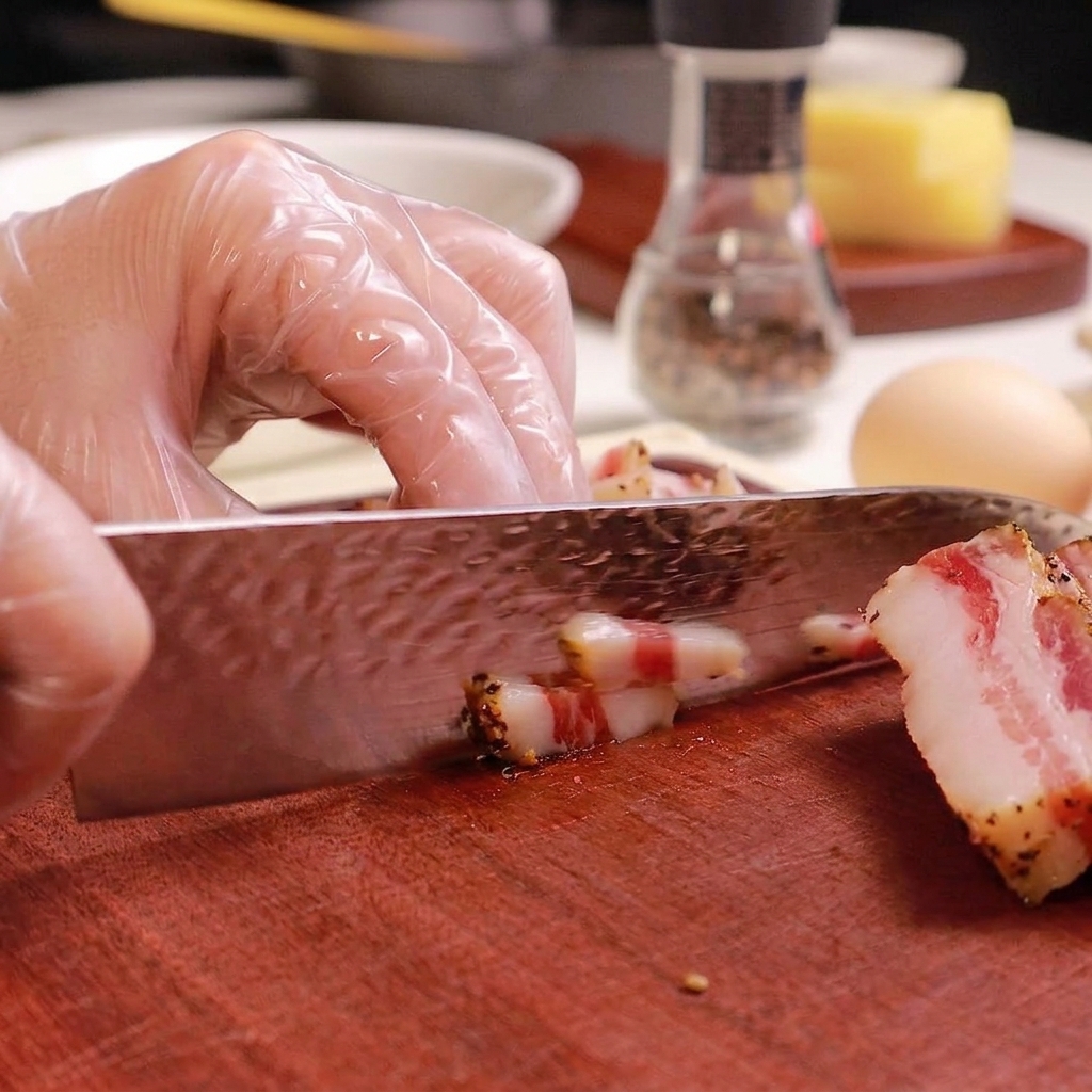 A close-up of a knife cutting thick slices of guanciale into smaller strips on a wooden board.