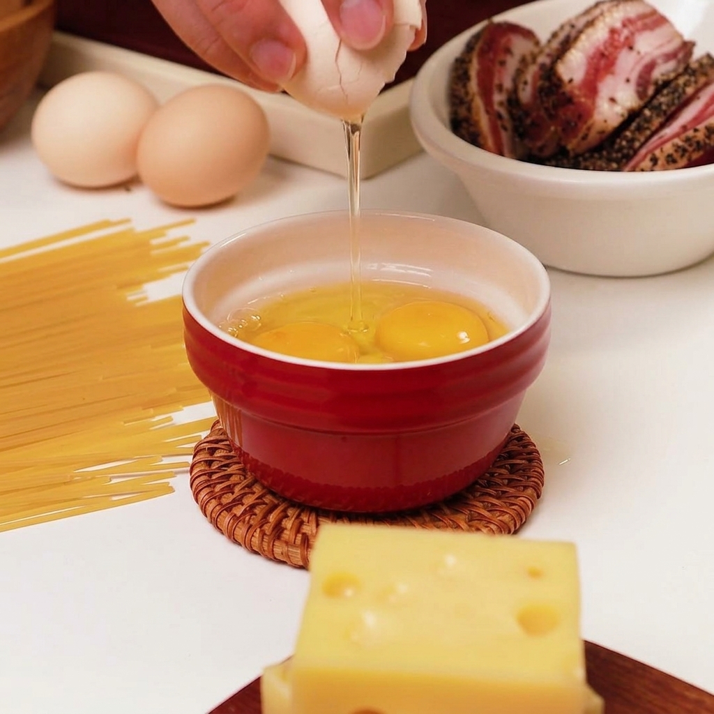 An egg yolk being dropped from a cracked shell into a small red bowl containing other raw eggs.