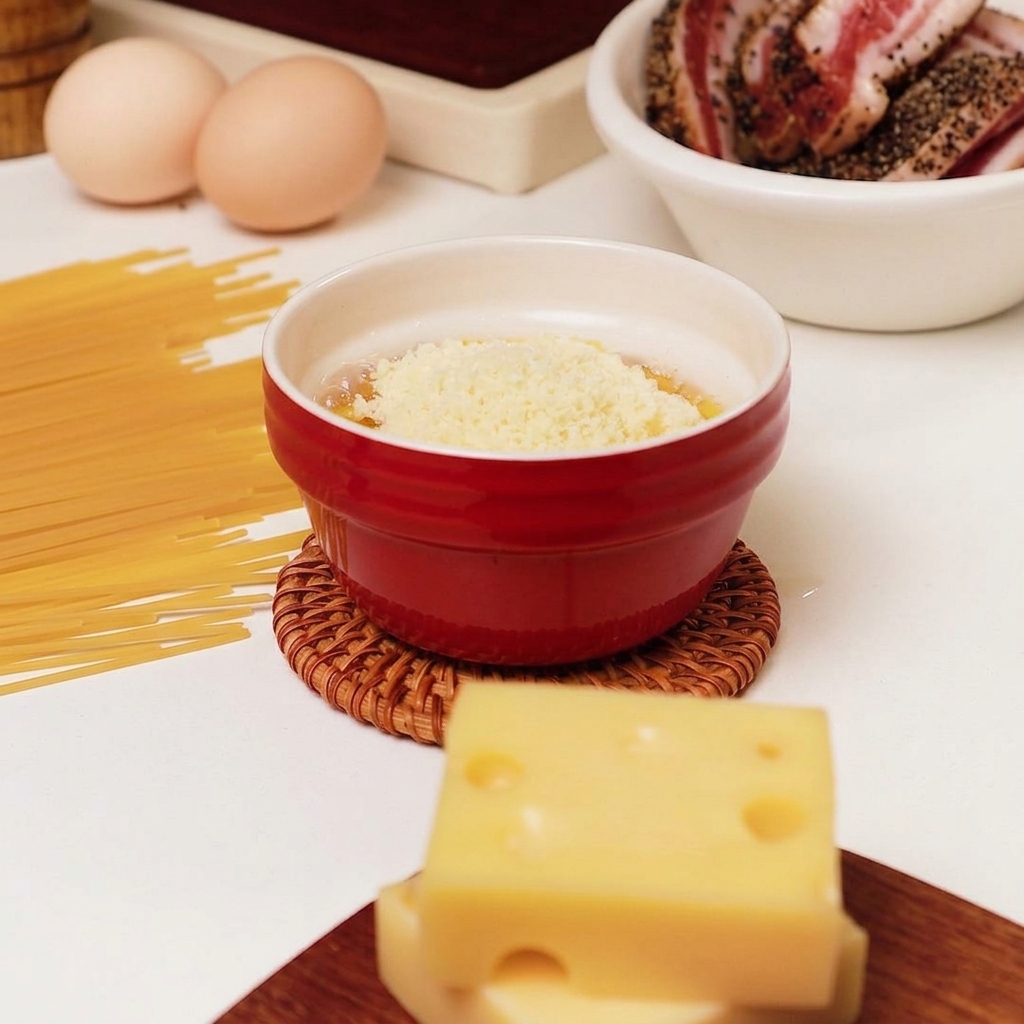 A mound of finely grated cheese sitting on top of raw eggs in a red mixing bowl.