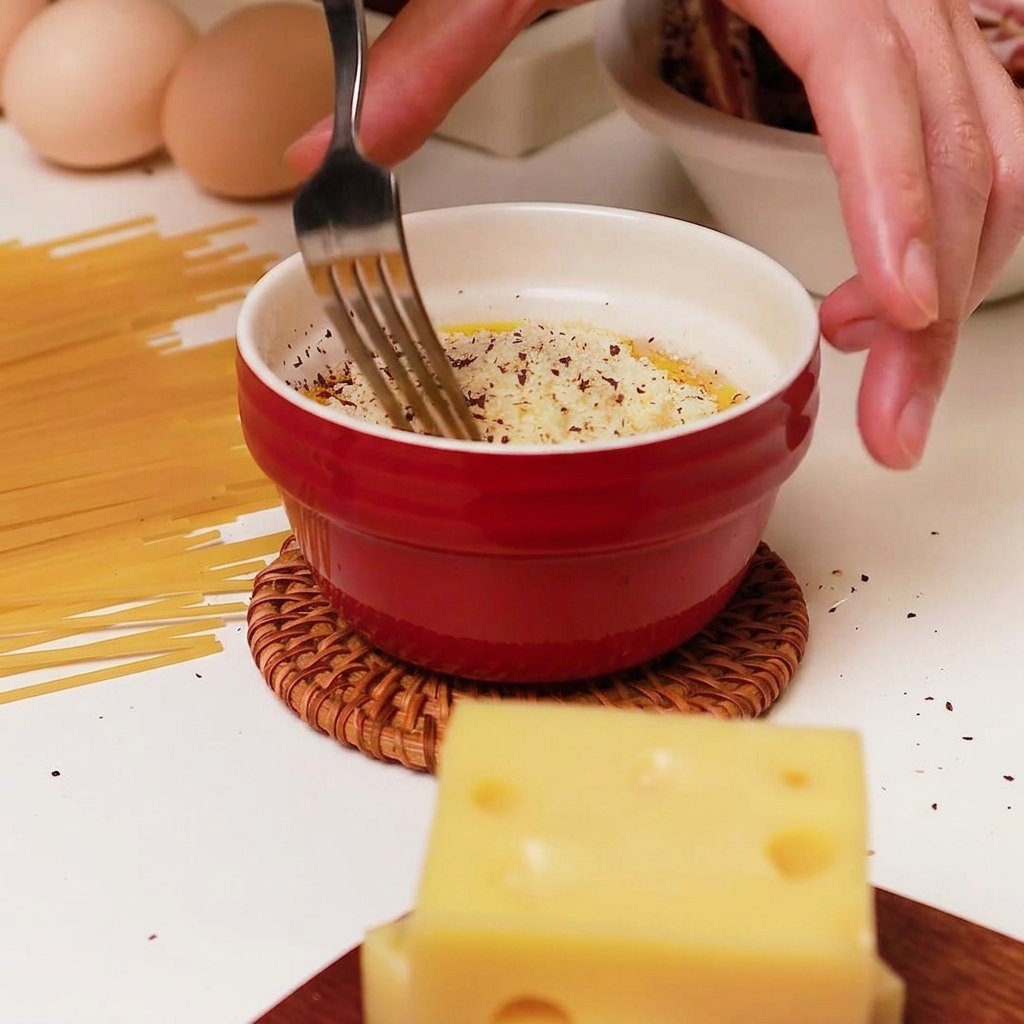 A hand using a fork to mix raw egg, cheese powder, and black pepper in a small red ramekin.