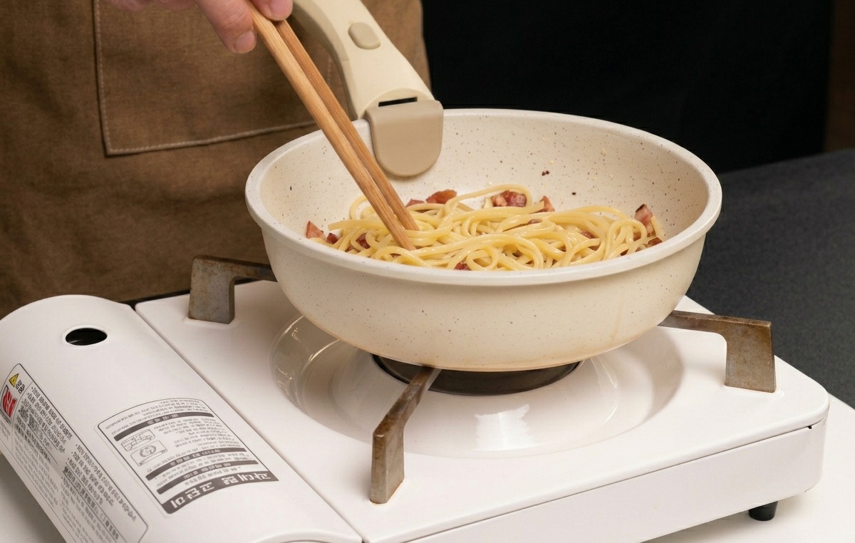 Tossing hot spaghetti and crispy guanciale together in a white pan using wooden chopsticks.