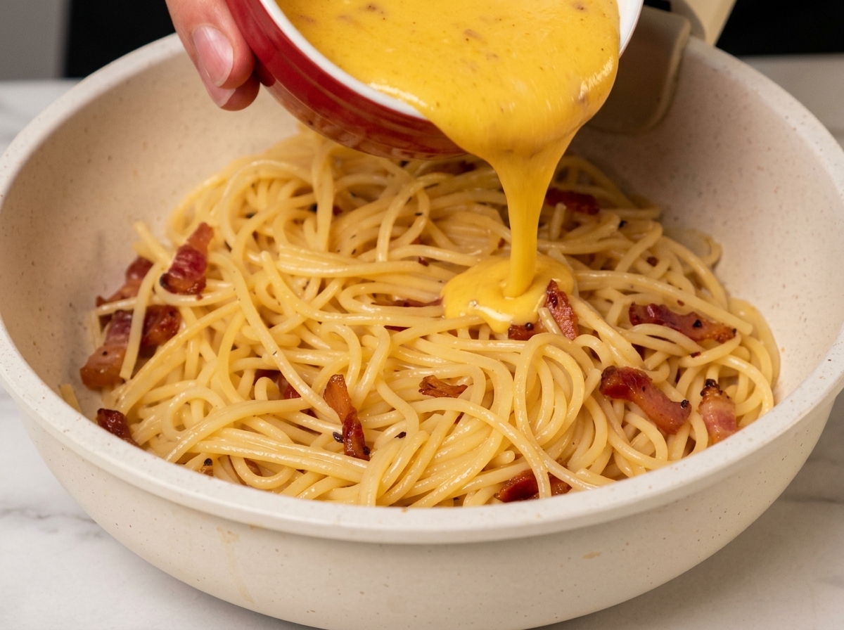 Pouring a rich, yellow egg and cheese mixture from a small red bowl onto spaghetti and guanciale in a pan.
