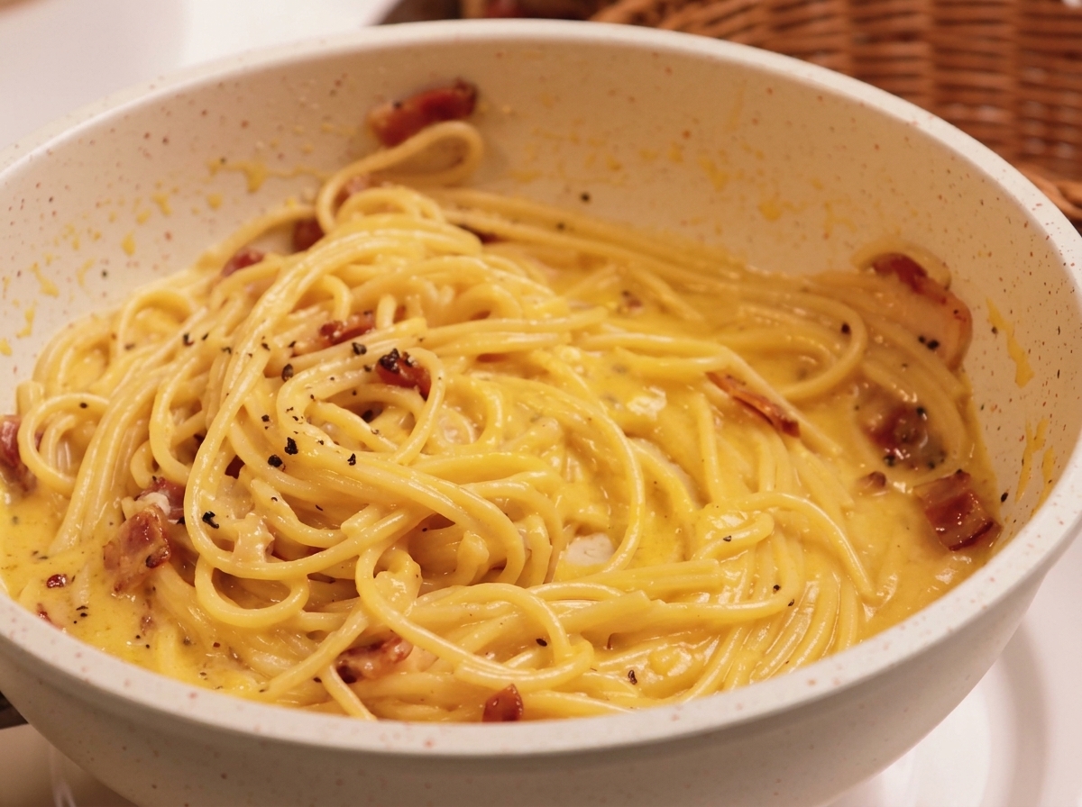 Spaghetti thoroughly coated in a creamy, glossy egg and cheese sauce with crispy bits of guanciale in a white pan.