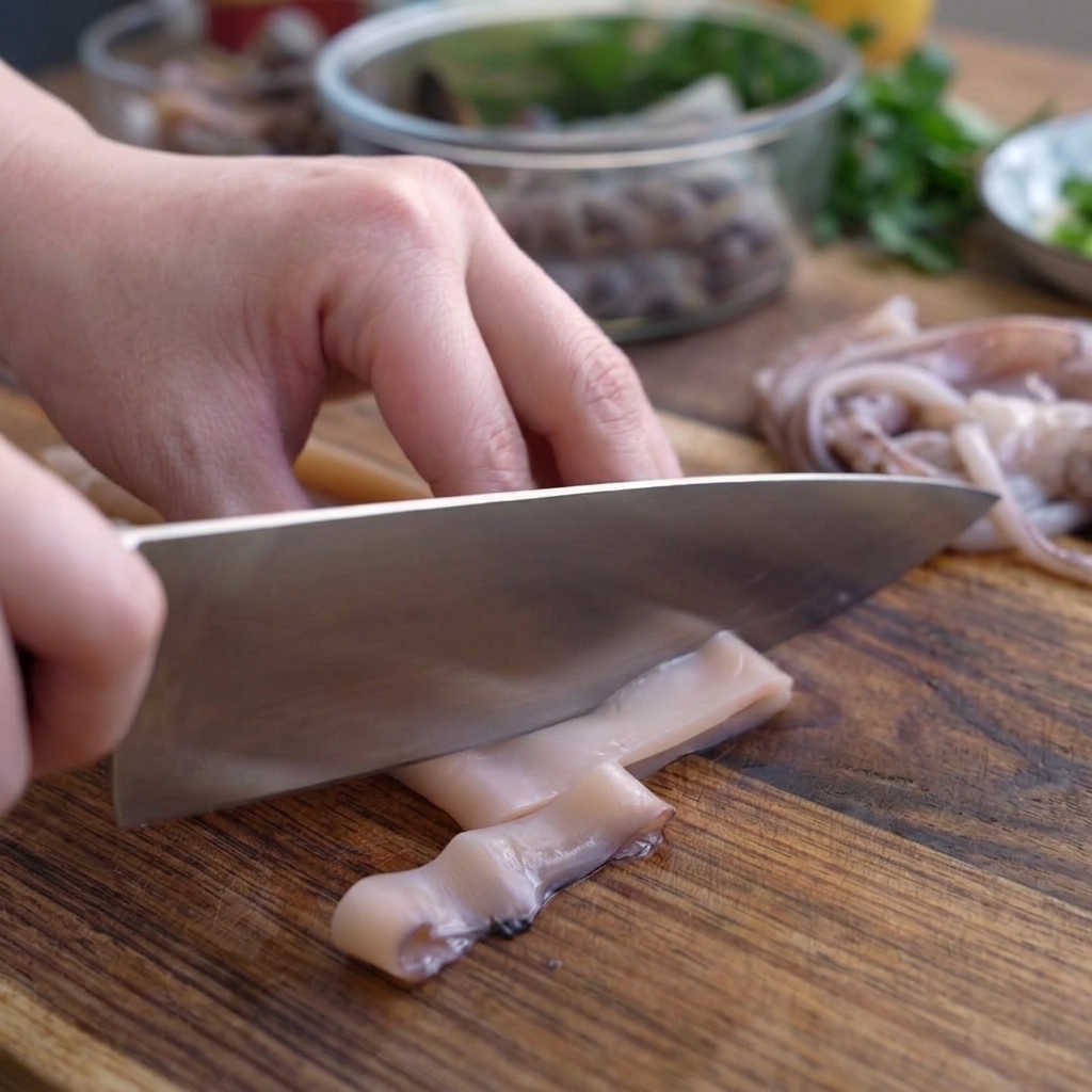 A hand using a chefs knife to cut a raw, cleaned squid tube into even rings on a wooden cutting board.