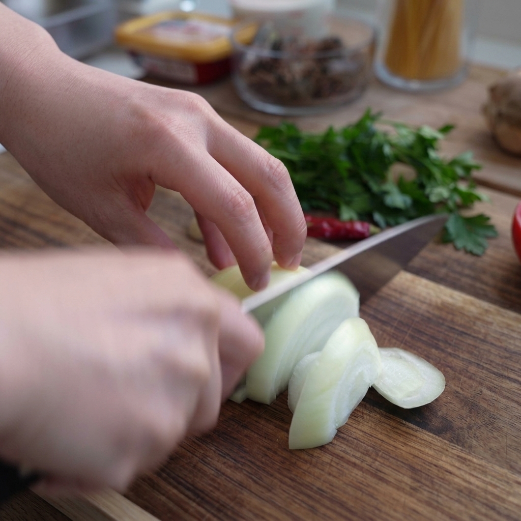 Hands slicing half a white onion into thin strips using a chefs knife on a wooden cutting board.