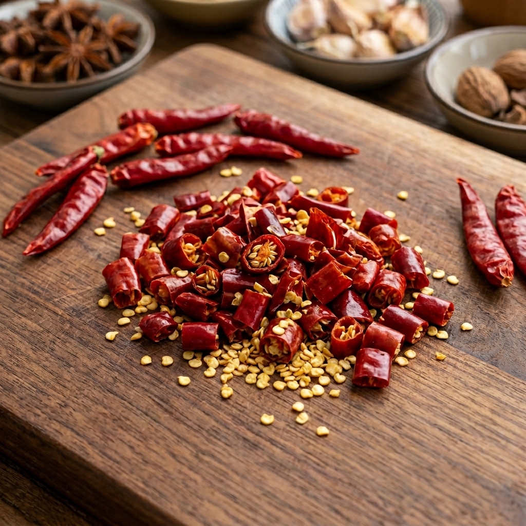 A pile of snipped dried red chili pieces and seeds resting on a wooden board alongside whole dried chilies.