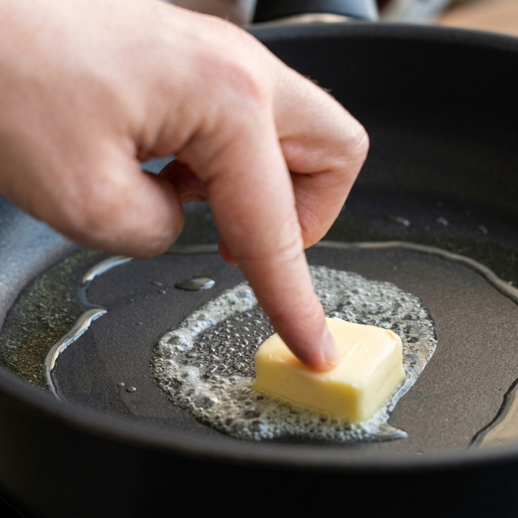 A finger pushing a piece of butter into a black frying pan with a small amount of oil.