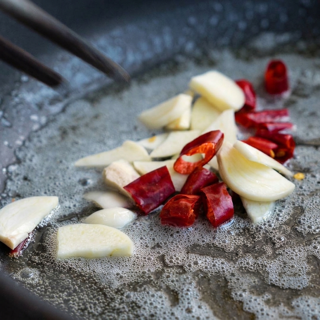 Sliced garlic and dried red chilies sizzling in a pan of melted butter being stirred with chopsticks.