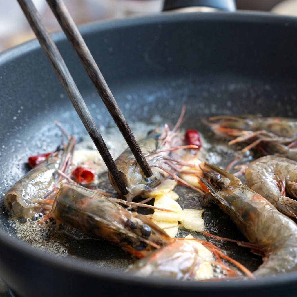 Shrimp heads being fried with garlic and chilies in a pan, releasing orange shrimp oil.