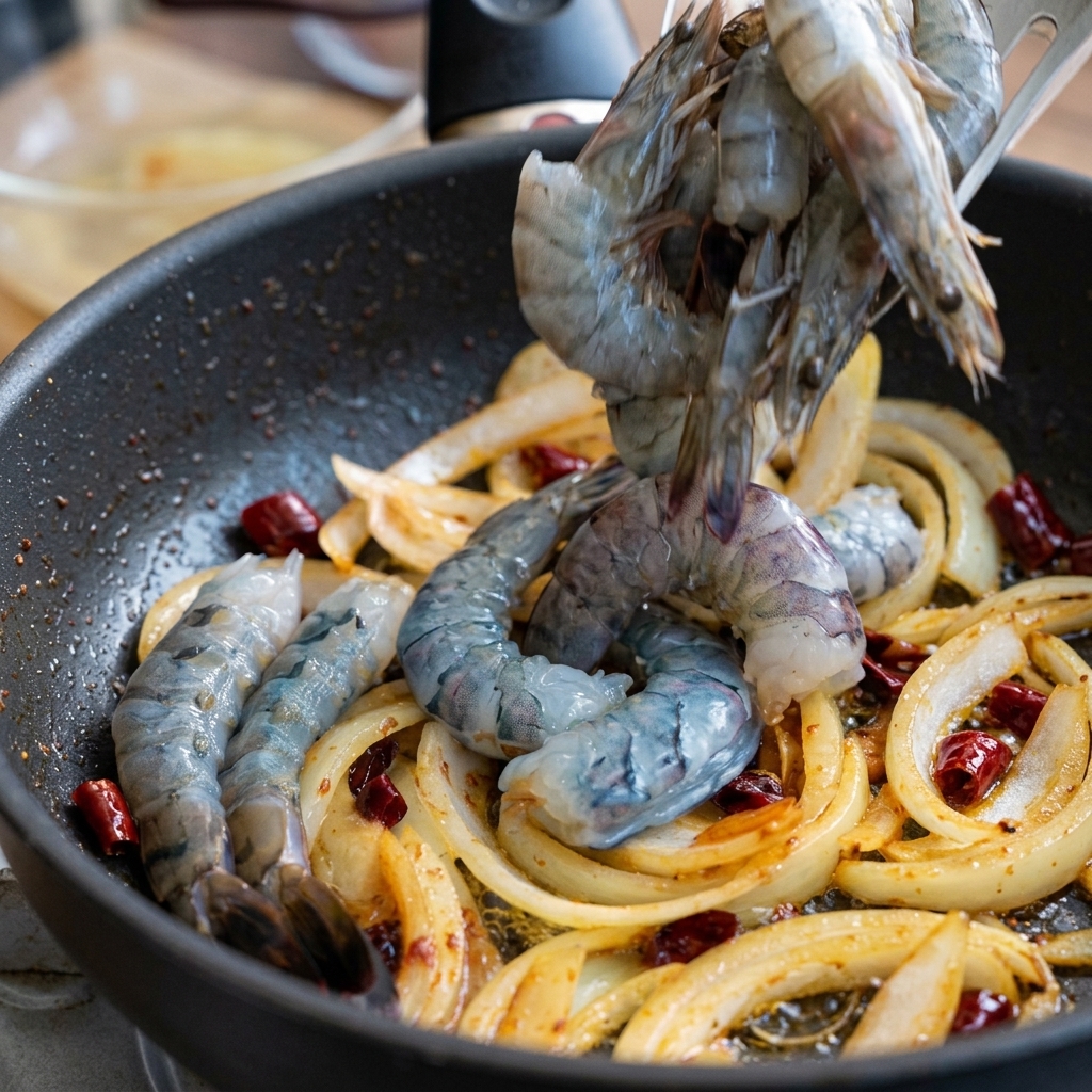 Fresh peeled raw shrimp being dropped into a hot pan with onions and chilies using tongs.