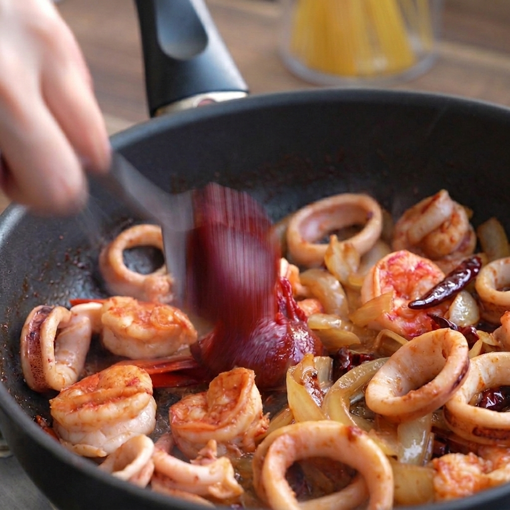 Spatula adding a thick spoonful of dark red Korean chili paste to a skillet with shrimp, squid, and onions.