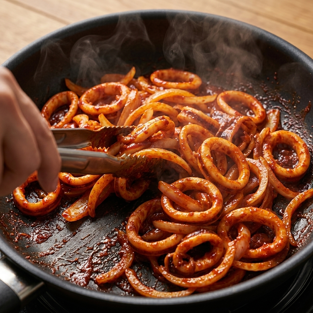 Metal tongs tossing squid rings and shrimp heavily coated in red chili paste in a hot skillet.
