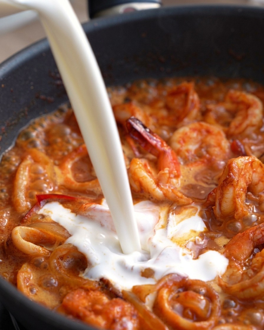 White stream of milk and cream being poured into a pan of bubbling, bright red spicy seafood.