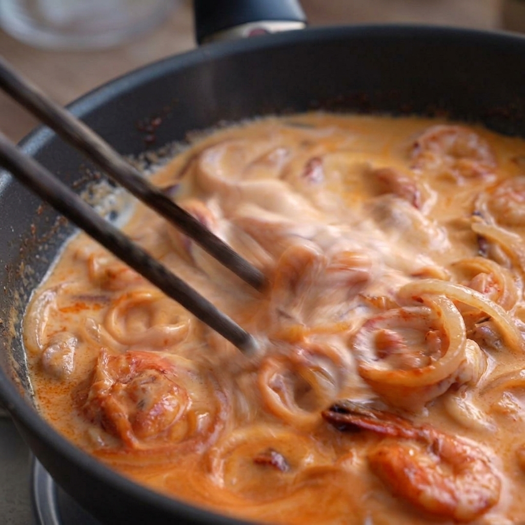 Wooden chopsticks stirring a bubbling, creamy orange sauce filled with shrimp and squid rings.