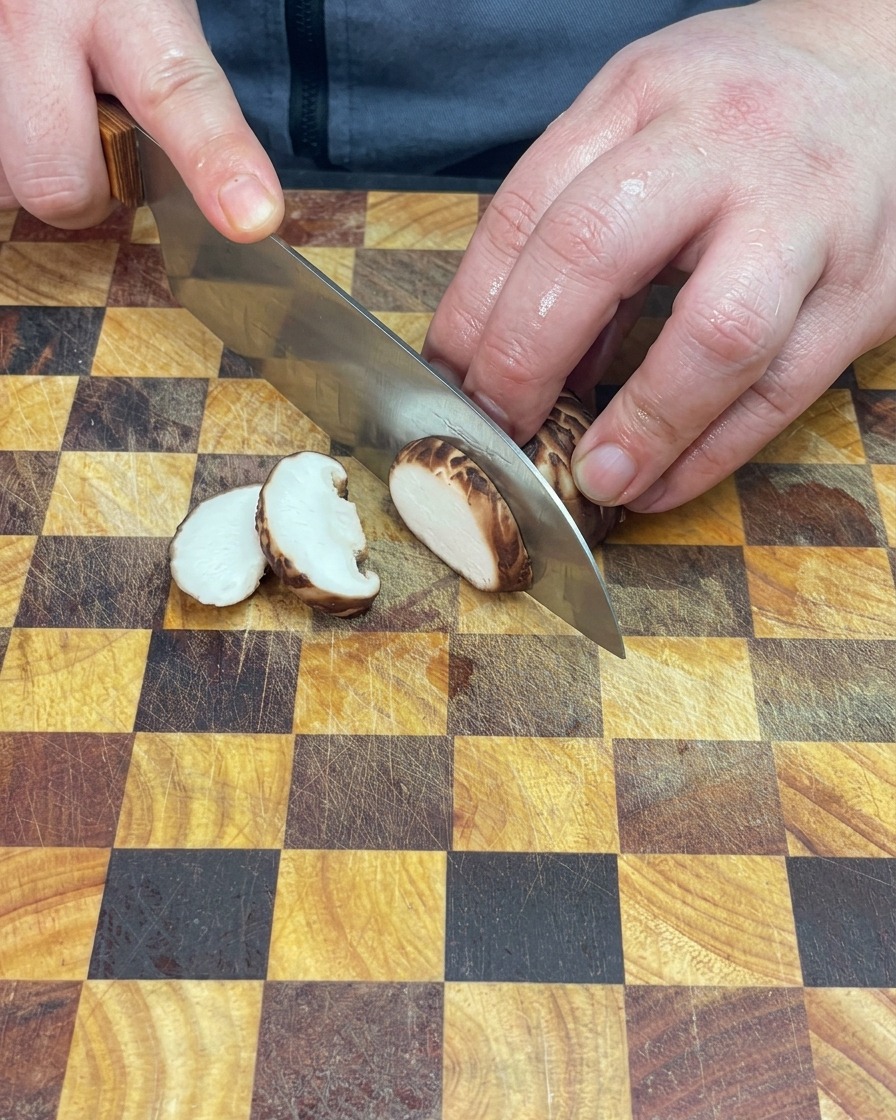A chef carefully slicing fresh white button mushrooms on a checkered wooden cutting board.