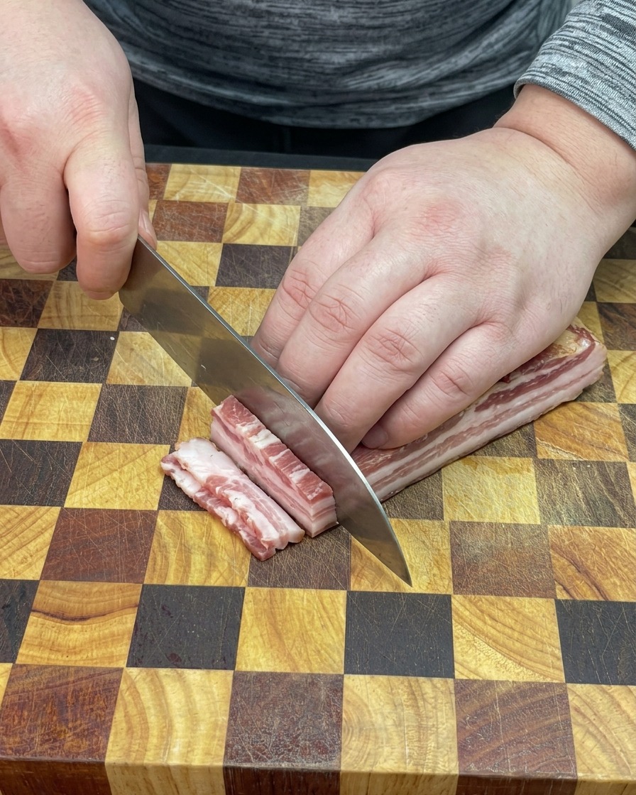 Chef using a sharp knife to cut thick strips of raw, marbled bacon into small dice on a wooden board.