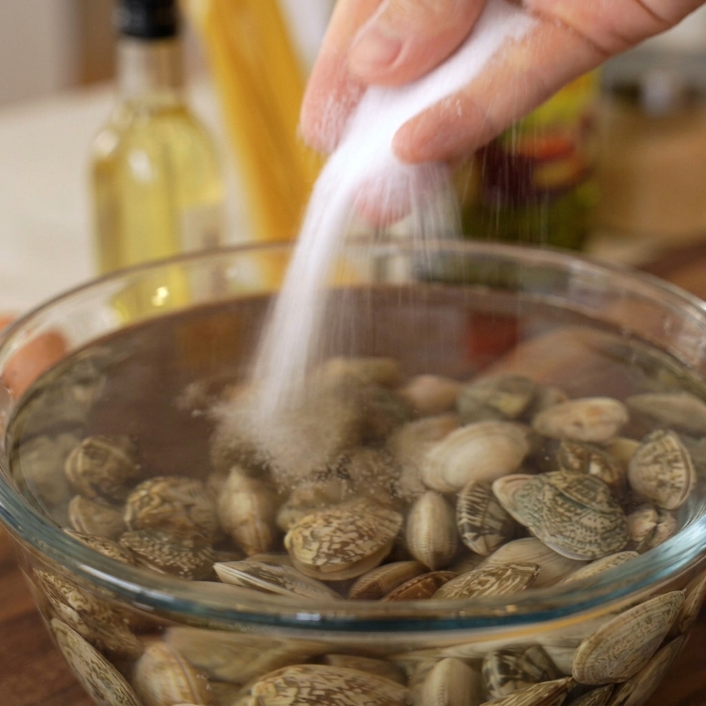 A hand generously sprinkling white salt into a large glass bowl of cold water filled with raw clams.