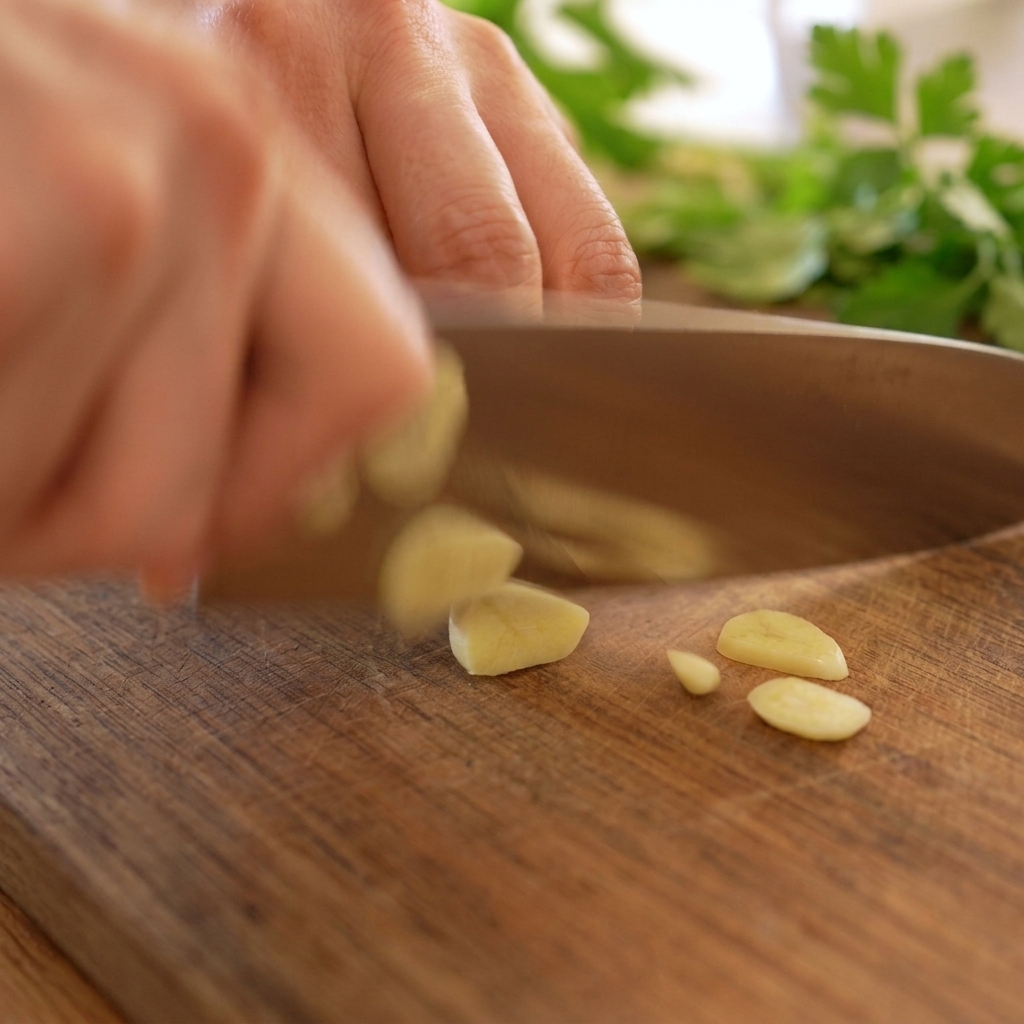 A hand using a large kitchen knife to slice peeled garlic cloves on a dark wooden cutting board.